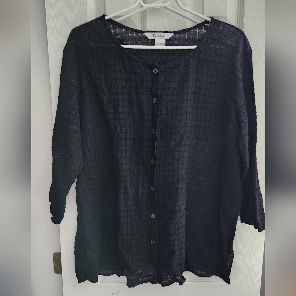 (L) Black Translucent Plaid Patterned Top